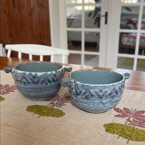 Pair of Blue Handmade Egyptian Bowls with Geometric Design